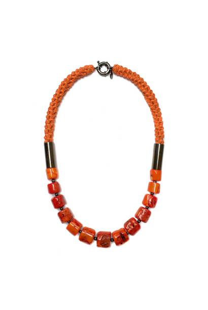2 by Lyn & Tony - Orange Natural Coral on Orange Kangaroo Leather Neckpiece - Handcrafted in Australia