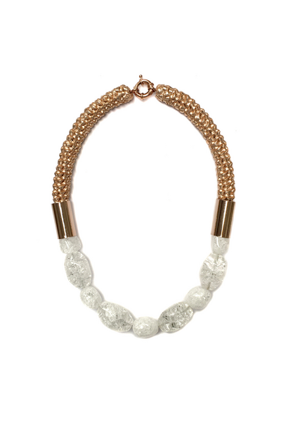 2 by Lyn & Tony - Larger size Cracked Quartz on Rose Gold Leather Neckpiece - Handcrafted in Australia