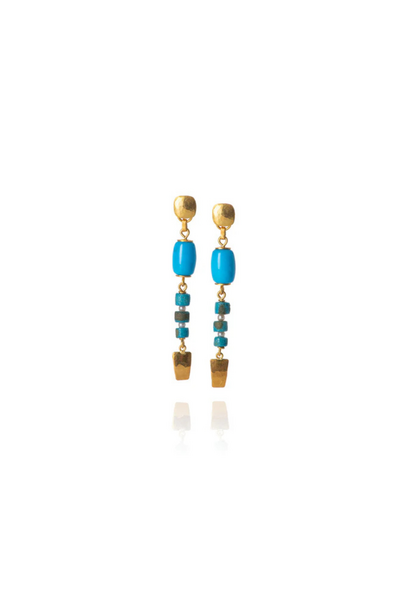 Lisa Black Jewellery - Fine Sleeping Beauty Turquoise Earrings  w Ancient Egyptian Faeince Beads - 22k Gold Hammered Posts - Handmade in Australia