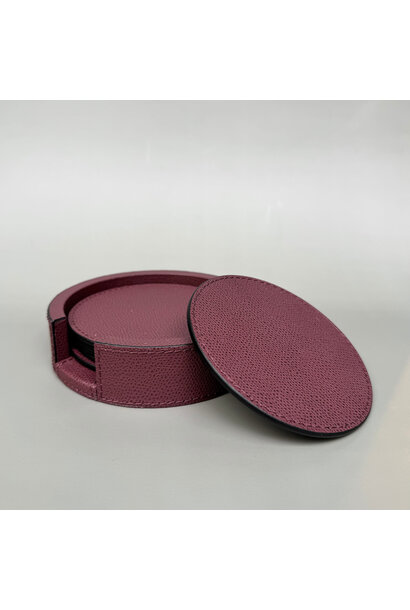 Giobagnara - Round Tao Coasters Set of 6 with Holder - Bordeaux Printed Calfskin Leather - D12.5 H3.5cm - Italy