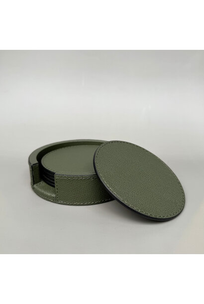Giobagnara - Round Tao Coasters - Set of 6 with Holder - Green Printed Calfskin Leather - Italy