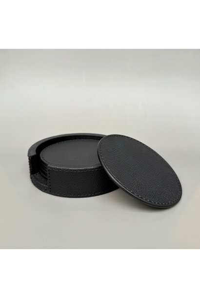 Giobagnara - Round Tao Coasters Set of 6 with Holder - Black Printed Calfskin Leather - Italy