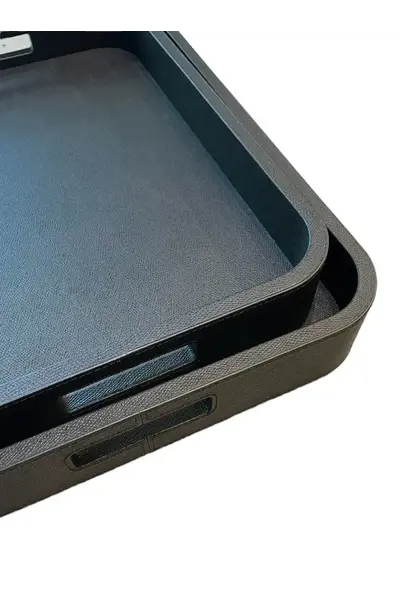 Giobagnara - Small Rectangular Polo Tray with Handles - Black Printed Calfskin Leather with Black Stitching - Italy