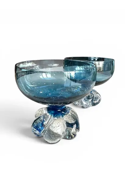 Pair of Blue Vintage Glass Coupe, Dessert Bowl or Candy Dishes - Lobed Base