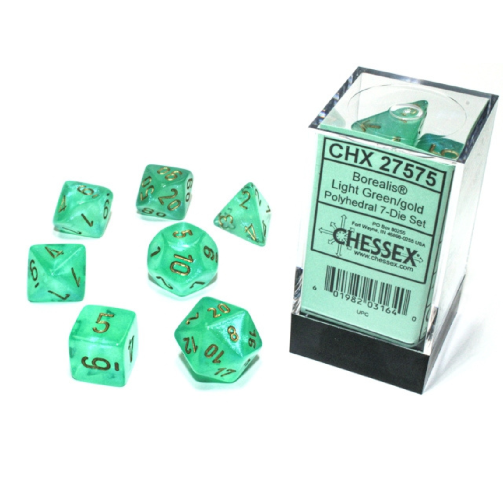 Accessoires Kit de Dés Chessex Borealis Light Green/Gold 7-Die
