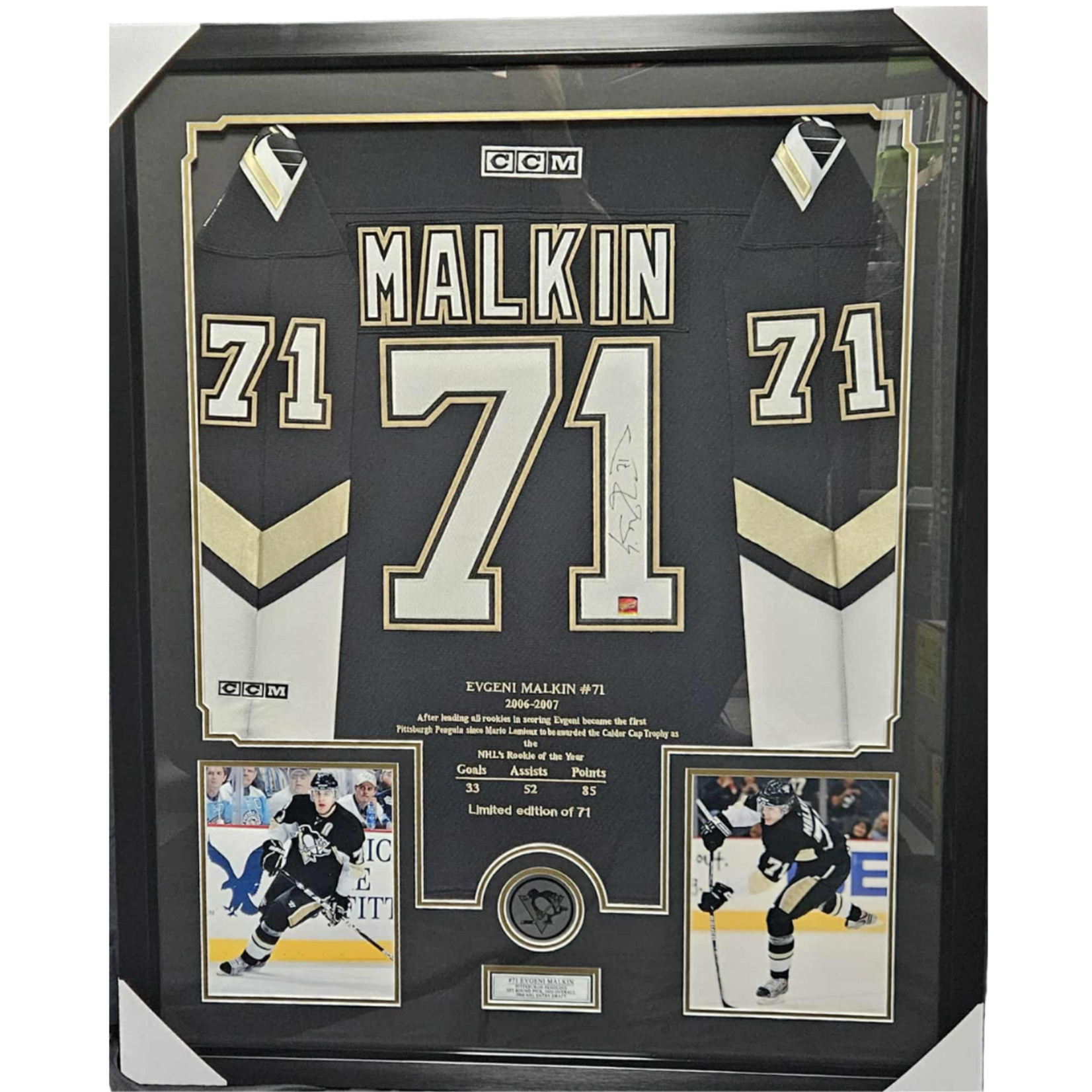 Hockey Cadre Jersey Autographié 35x43 - Evgeni Malkin (2006-07 Stats - #/71)