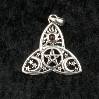 Trinity Pendant with Sun, Moon, Pentacle, and Garnet