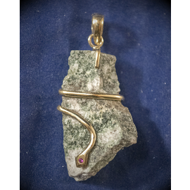 Freeform Preseli Bluestone Serpent Hengestone Pendant set in Solid Bronze with Garnet Cabachon