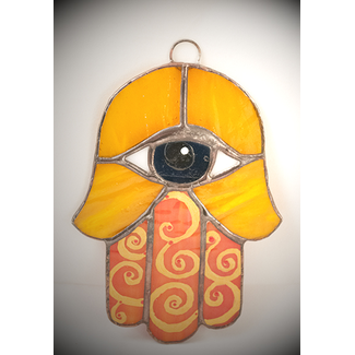 Stained Glass Hamsa Eye in Orange and Blue