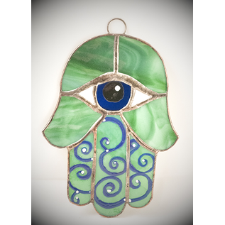 Stained Glass Hamsa Eye in Green and Blue