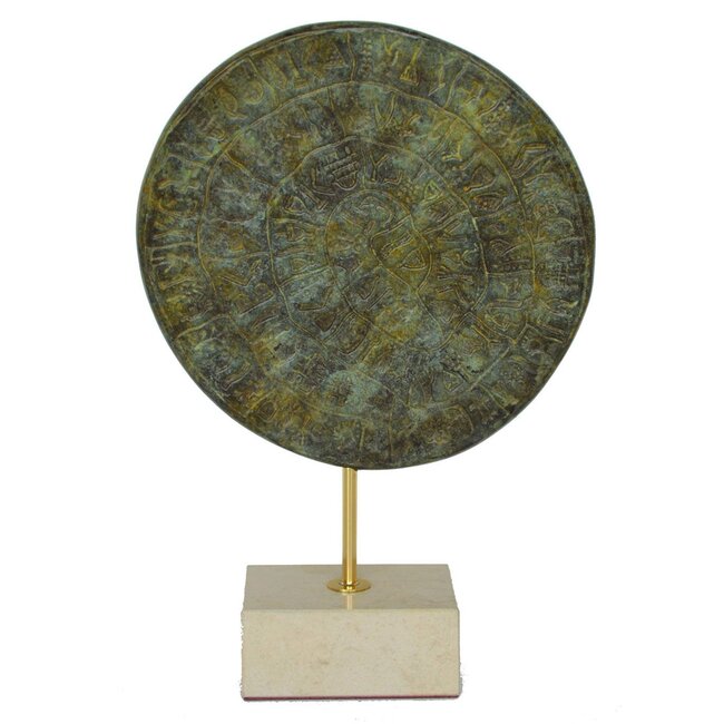 Disc of Phaistos - 8.6 Inches Tall in Bronze with Green Patina on Marble Stand in - Made in Greece