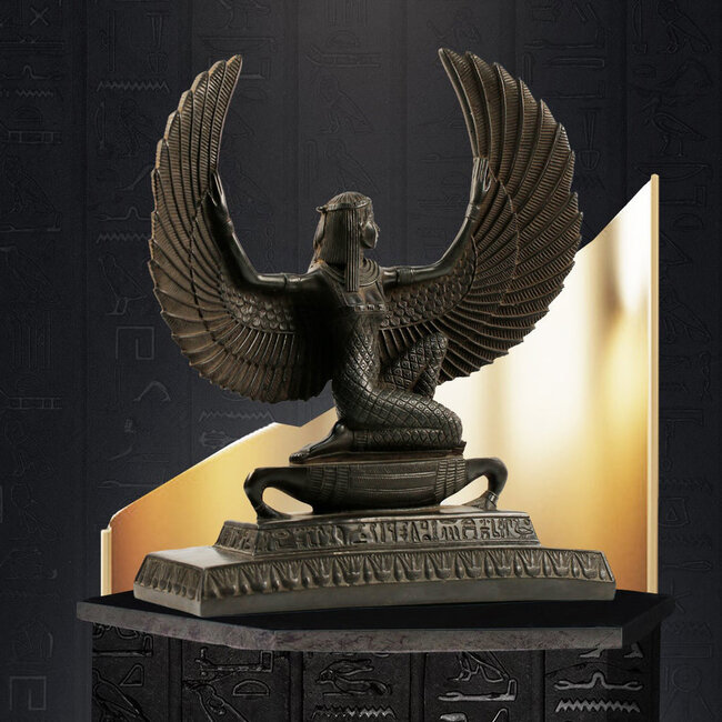 Winged Isis Statue on Boat - 14 Inches Tall in Basalt - Made in Egypt