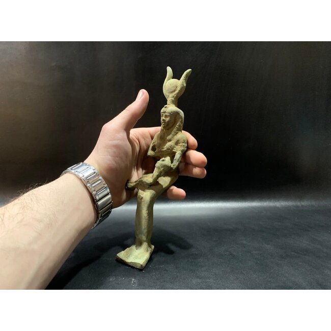 Goddess Isis Nursing Horus Statue - 9.5 Inches Tall in Solid Bronze - Made in Egypt