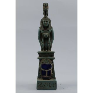 Goddess Isis with Sekhmet, Thoth, and Scarab Statue - 15 Inches Tall in Flame Stone - Made in Egypt