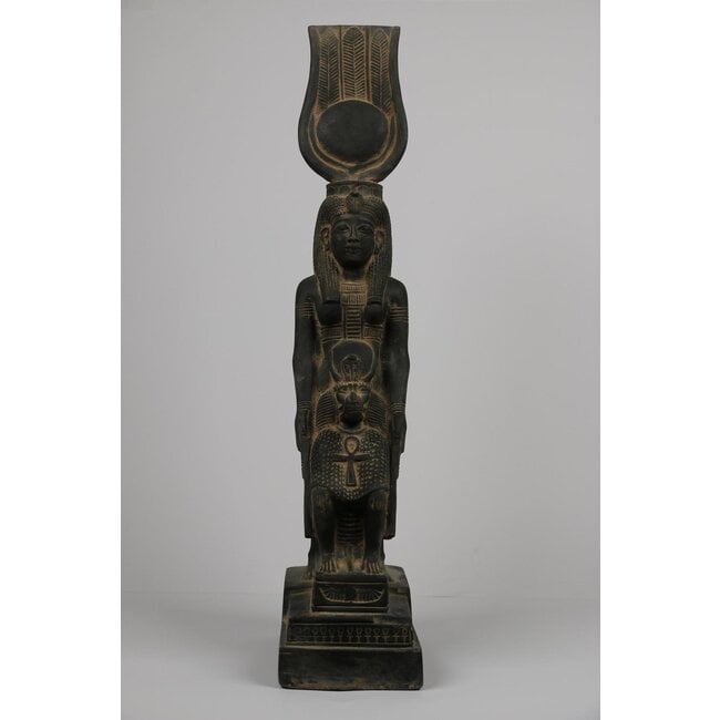 Goddess Isis with Seated Thoth Statue - 22 Inches Tall in Basalt - Made in Egypt