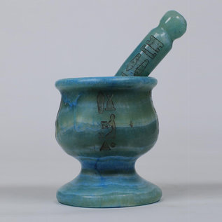 Mortar and Pestle with Hieroglyphics to isis - 6 Inches Tall in Carved Turquoise Alabaster - Made in Egypt