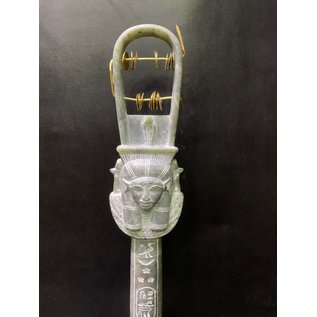 Goddess Hathor Ritual Sistrum - 14 Inches Long in Green Alabaster with stand - Made in Egypt
