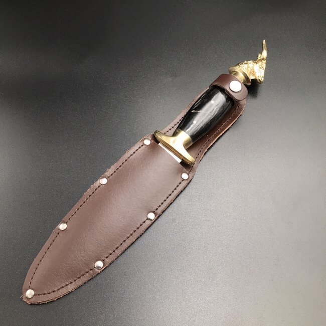 Cretan Minotaur Athame -  11 Inches Long with Black Ram Horn Handle, Steel Blade, and Bronze Pommel - Made in Crete