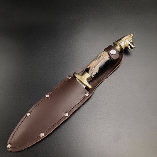 Cretan Wolf Head Athame -  11 Inches Long with Black Ram Horn Handle, Steel Blade, and Bronze Pommel - Made in Crete