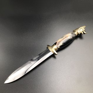 Cretan Wolf Head Athame -  11 Inches Long with Black Ram Horn Handle, Steel Blade, and Bronze Pommel - Made in Crete