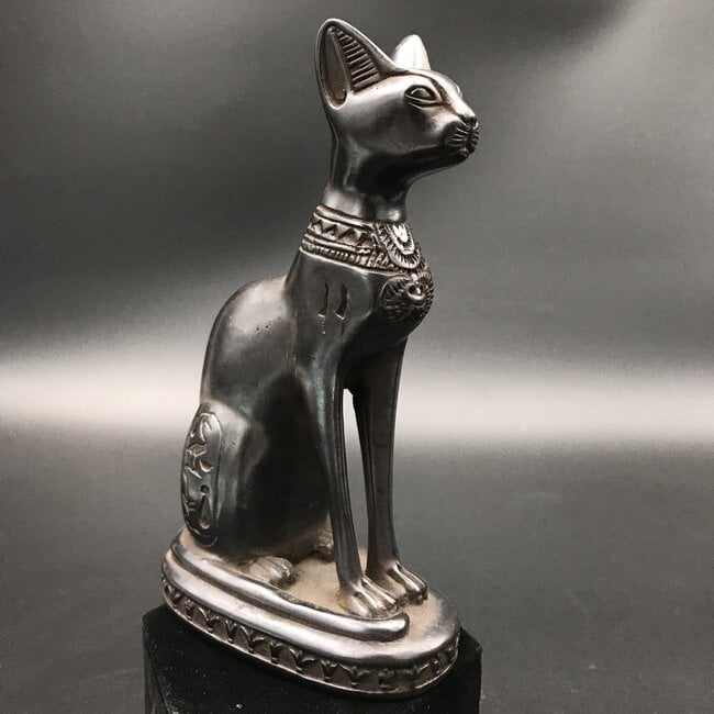 Egyptian Cat Goddess Bastet Statue  - 7.5 Inches Tall in Black Polystone - Made in Egypt