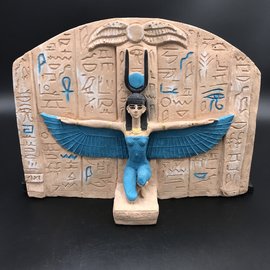 Isis Goddess of Fertility, Rebirth, and Magic sitting on her tomb wearing on her head The sun symbol of Hathor!  - 11 Inches Wide in Hand-Painted Polystone - Made in Egypt
