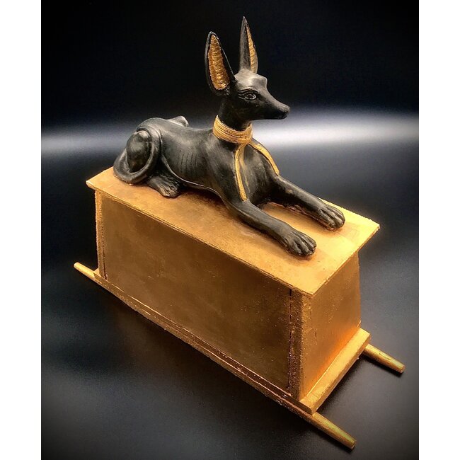 Anubis Statue on Wooden Box - 13.5 Inches Tall in Black Polystone and Wood- Made in Egypt