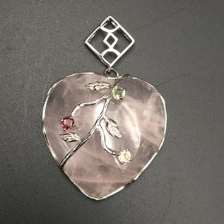 Large Rose Quartz Heart With Citrine, Garnet and Peridote Sterling Silver Pendant