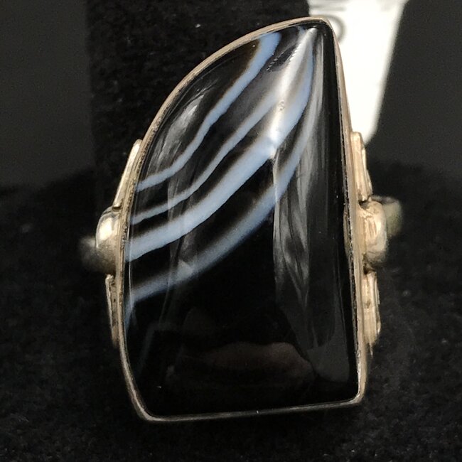 Black Agate Banded Sterling Silver Ring 8