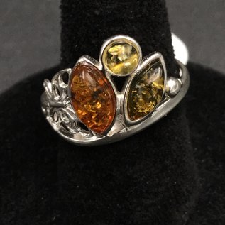Amber Tri-colored With Butterfly Sterling Silver Ring 7