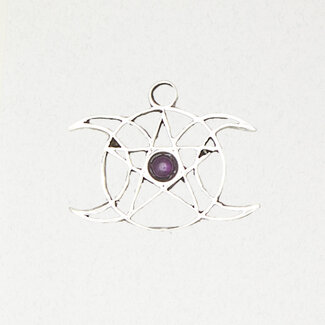 Triple Moon Pentacle w/ Accent Cabochon Pendant in Lead-Free Pewter