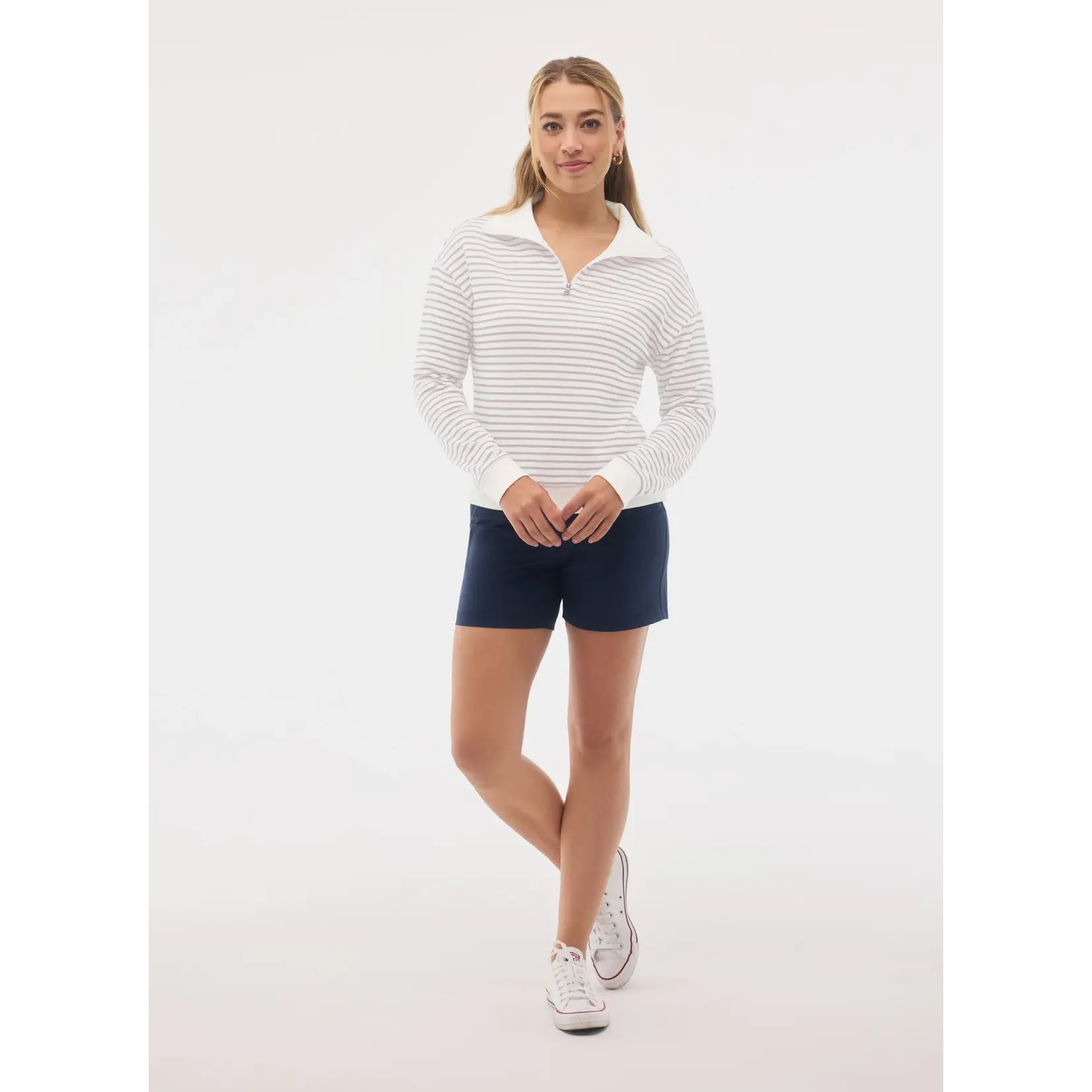 FIG FIG - Hampton Mid Zip Sweater - Mocha Latte Stripe - L