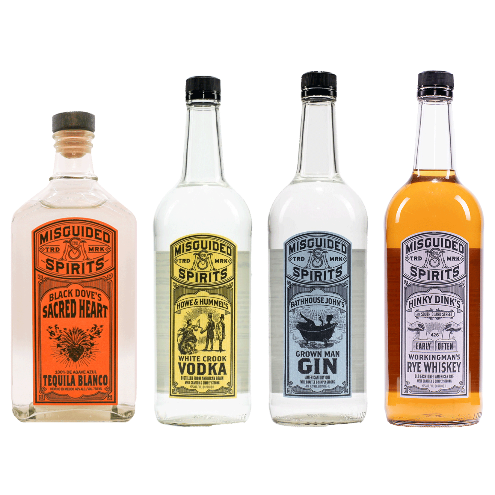 Spirits Misguided Spirits Combo 4-Pack one bottle each Tequila 1L, Vodka 1L, Gin 1L, Rye 1L in Royal Tote Bag