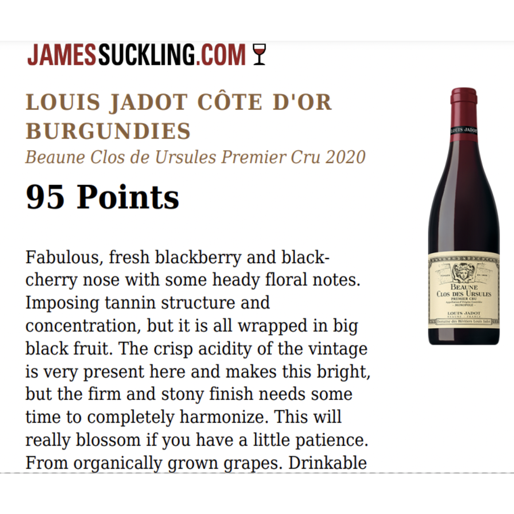 Wine Louis Jadot Beaune Clos des Ursules Monopole Premier Cru Domaine des Heritiers 2020