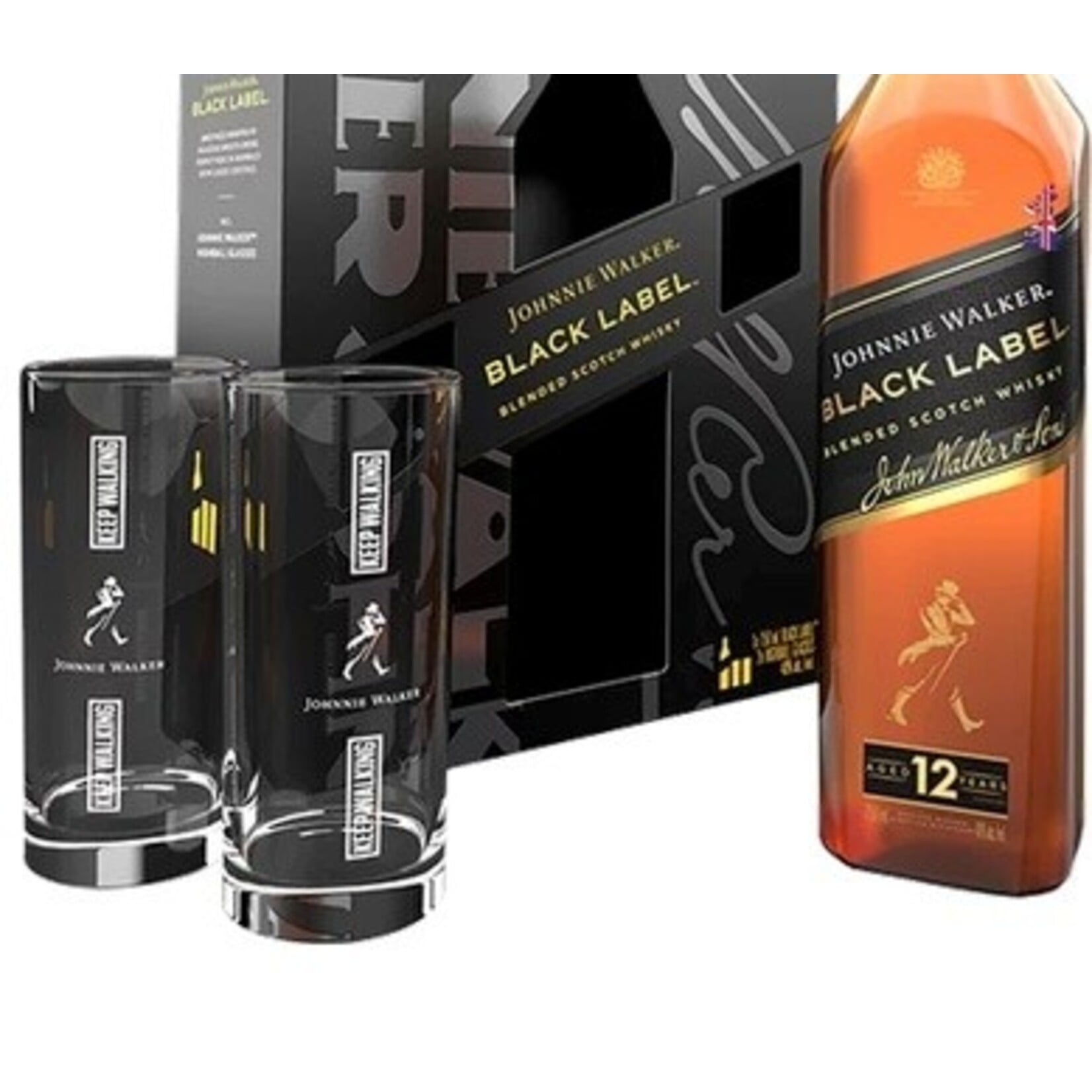 Spirits Johnnie Walker Blended Scotch Black Label 12 Year with Highball Glasses