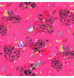August Wren ON SALE-Tree of Life, Bird Floral in Pink, Fabric Half-Yards STELLA-DJL1753