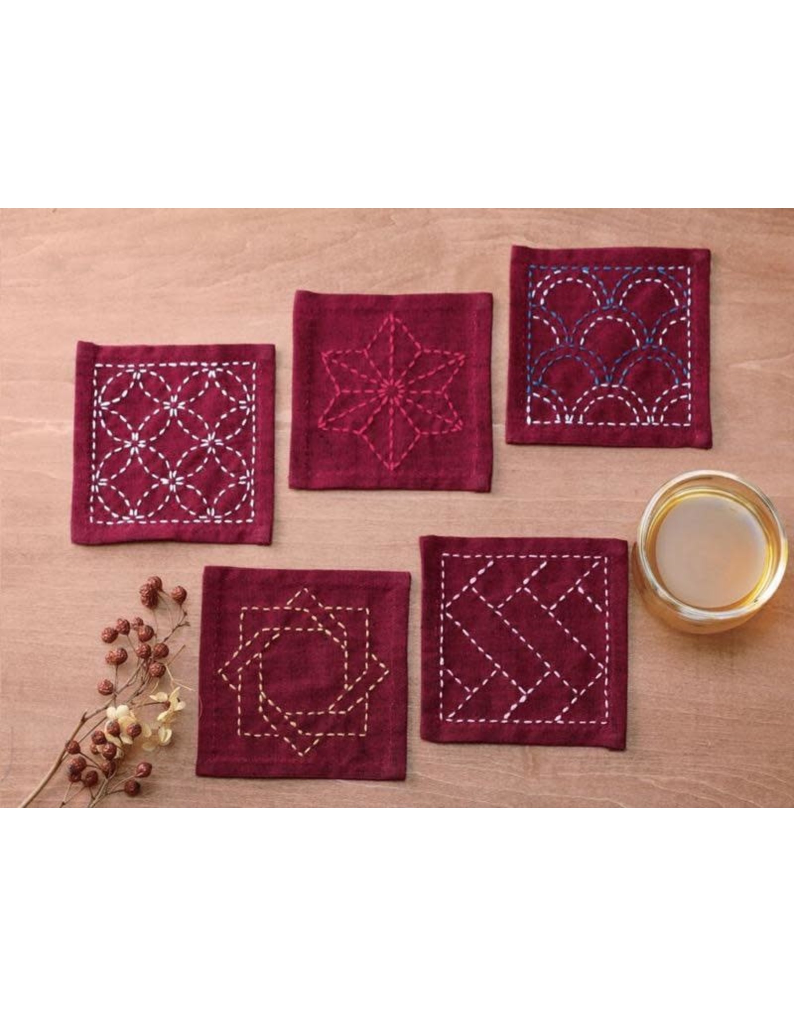 Japan Import Sashiko Coaster Collection, Deep Red dyed cloth made of 100% Cotton.