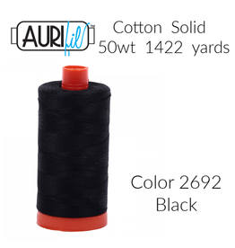 Aurifil Aurifil Thread, 50wt, 100% Cotton Mako, Large Spool 1422 yds. Color 2692: Black