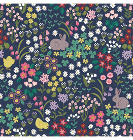 Lewis & Irene Bunny Hop, Easter Bunny & Chick Floral on Dark Blue, Fabric Half-Yards