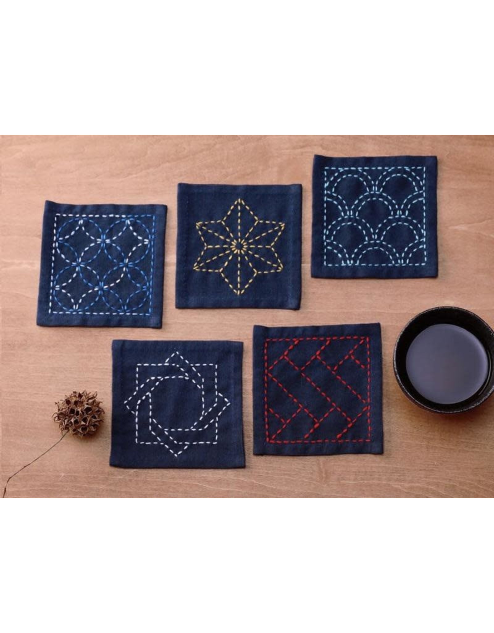 Japan Import Sashiko Coaster Collection, Navy Blue dyed cloth made of 100% Cotton.