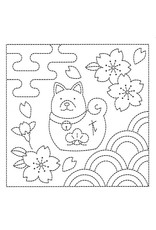 Japan Import Sashiko Cloth, Dog and Sakura in White,  H-1044 Japan Import Sashiko Cloth, Dog and Sakura in White,  H-1044