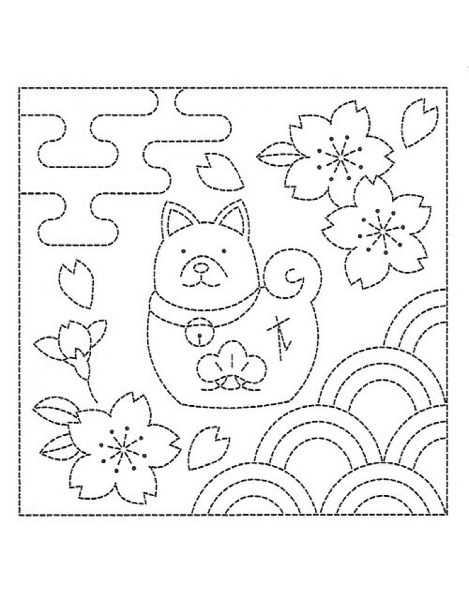 Japan Import Sashiko Cloth, Dog and Sakura in White,  H-1044