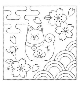 Japan Import Sashiko Cloth, Dog and Sakura in White,  H-1044