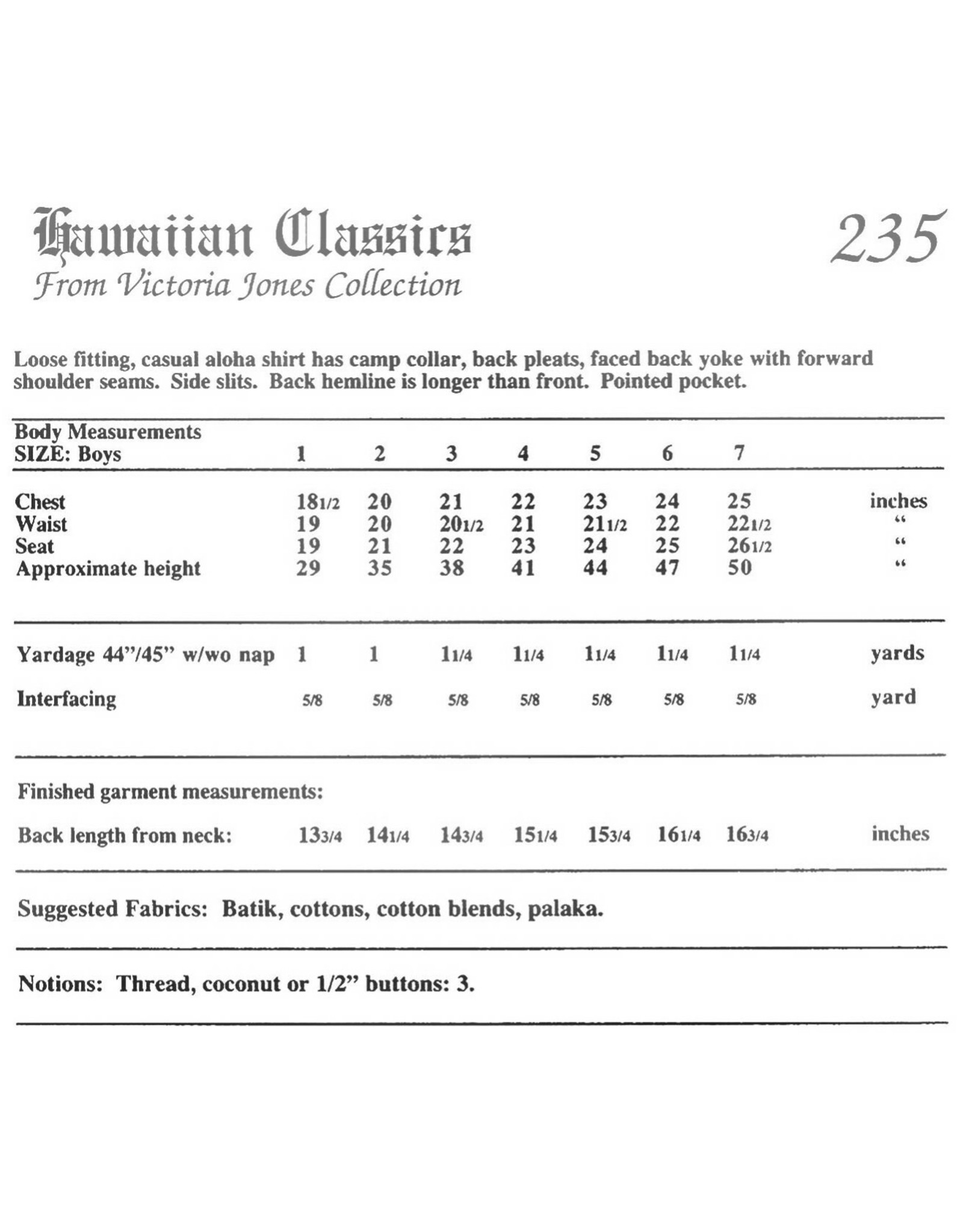 Victoria Jones Collection ON SALE - Hawaiian Classics, Boy's Aloha Shirt Sewing Pattern