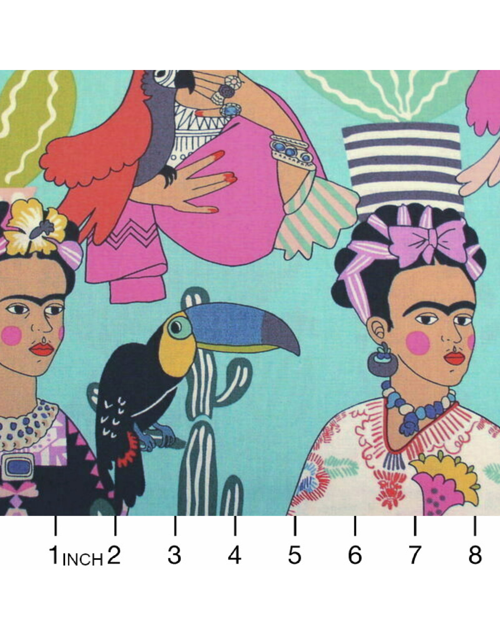 Alexander Henry Fabrics Folklorico, Frida con Las Plumas in Aqua, Fabric Half-Yards