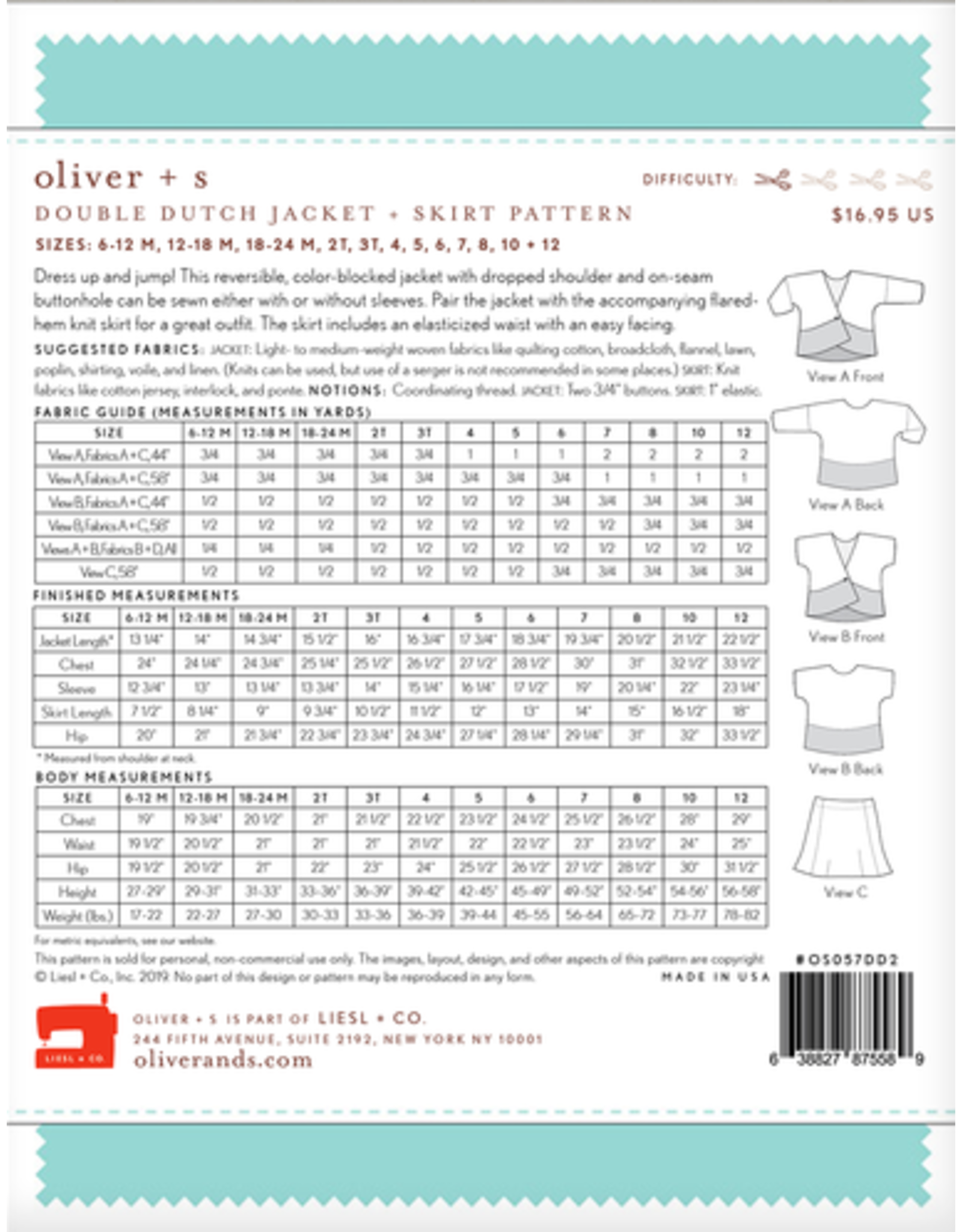 Oliver + S ON SALE - Oliver+S’s Double Dutch Jackert + Skirt Pattern - Sizes 6M-12
