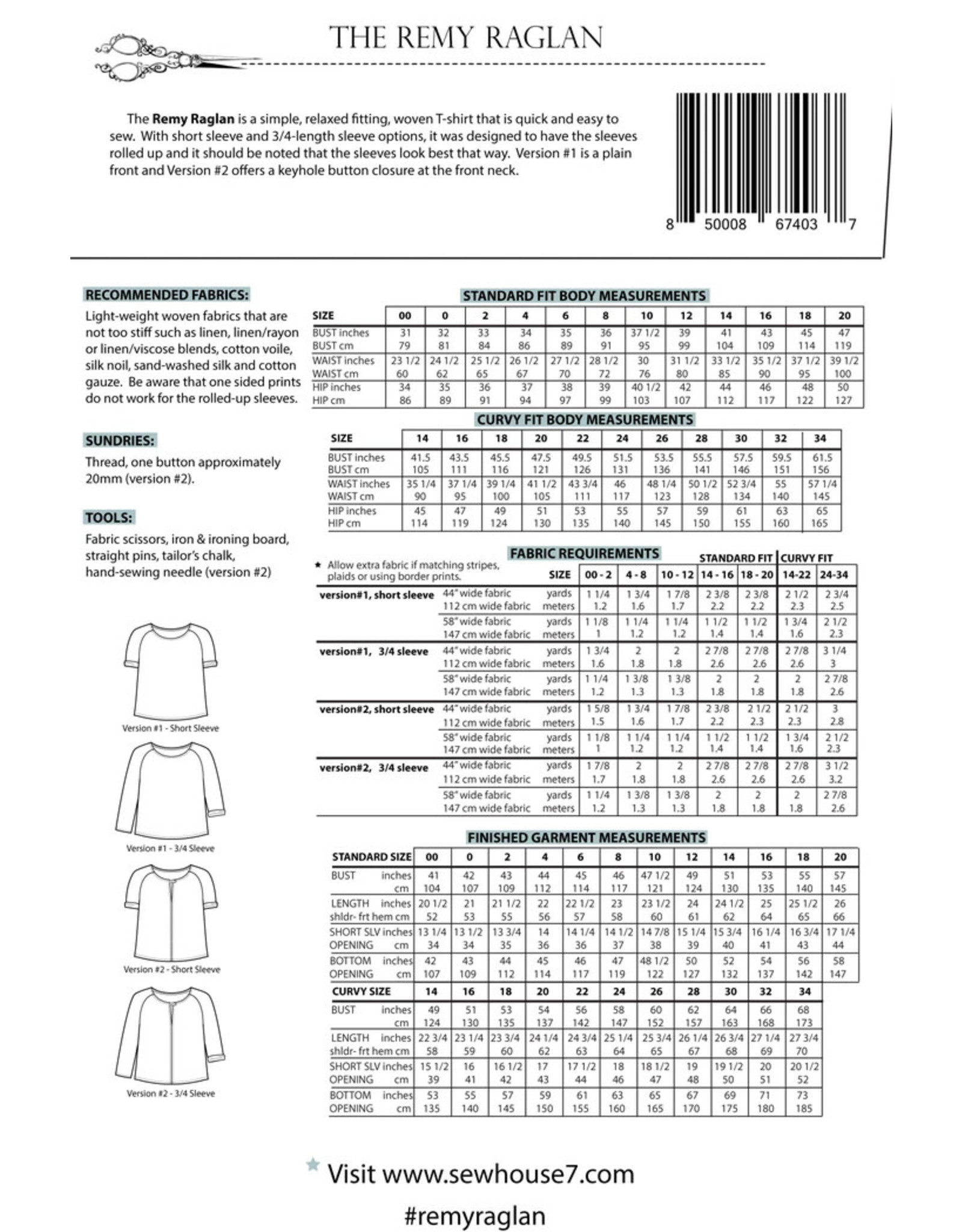 Sew House Seven ON ORDER-The Remy Raglan Shirt Pattern