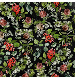 Tim Holtz Christmastime, Evergreen Floral in Black, Fabric Half-Yards