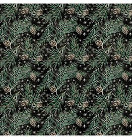 Tim Holtz Christmastime, Pine Boughs in Black, Fabric Half-Yards