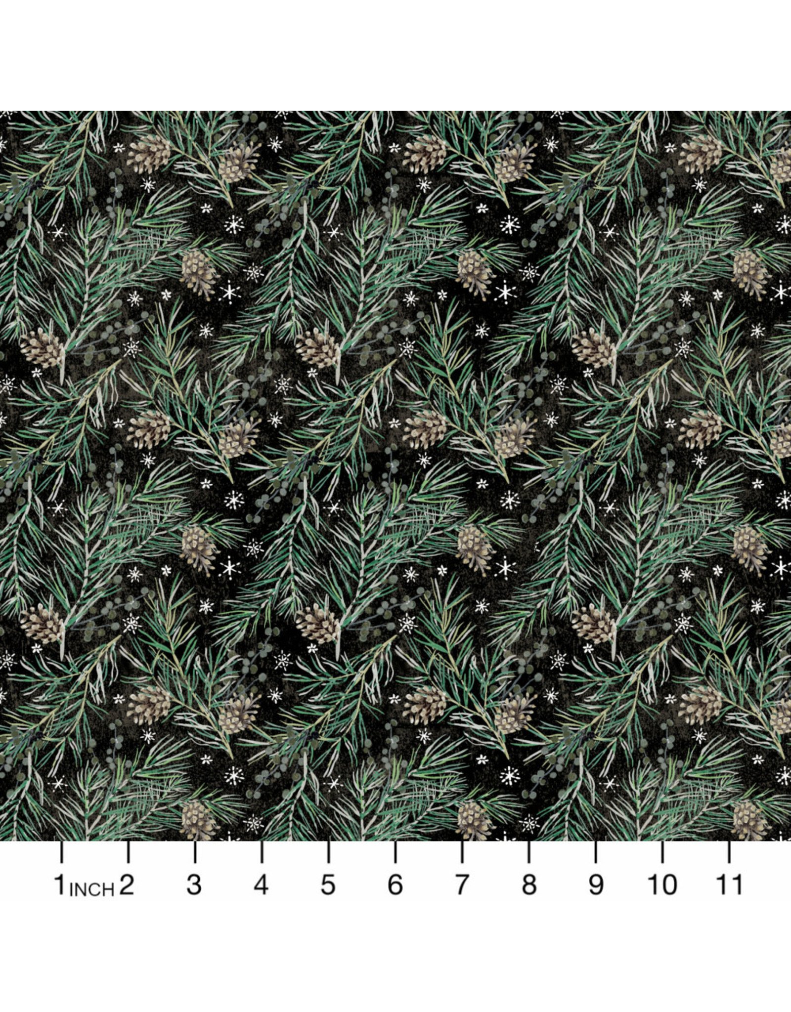 Tim Holtz Christmastime, Pine Boughs in Black, Fabric Half-Yards